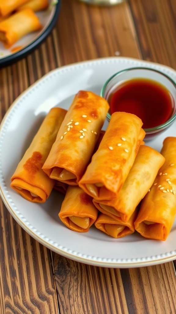 Crispy pork egg rolls on a plate with sweet and sour sauce, garnished with sesame seeds.